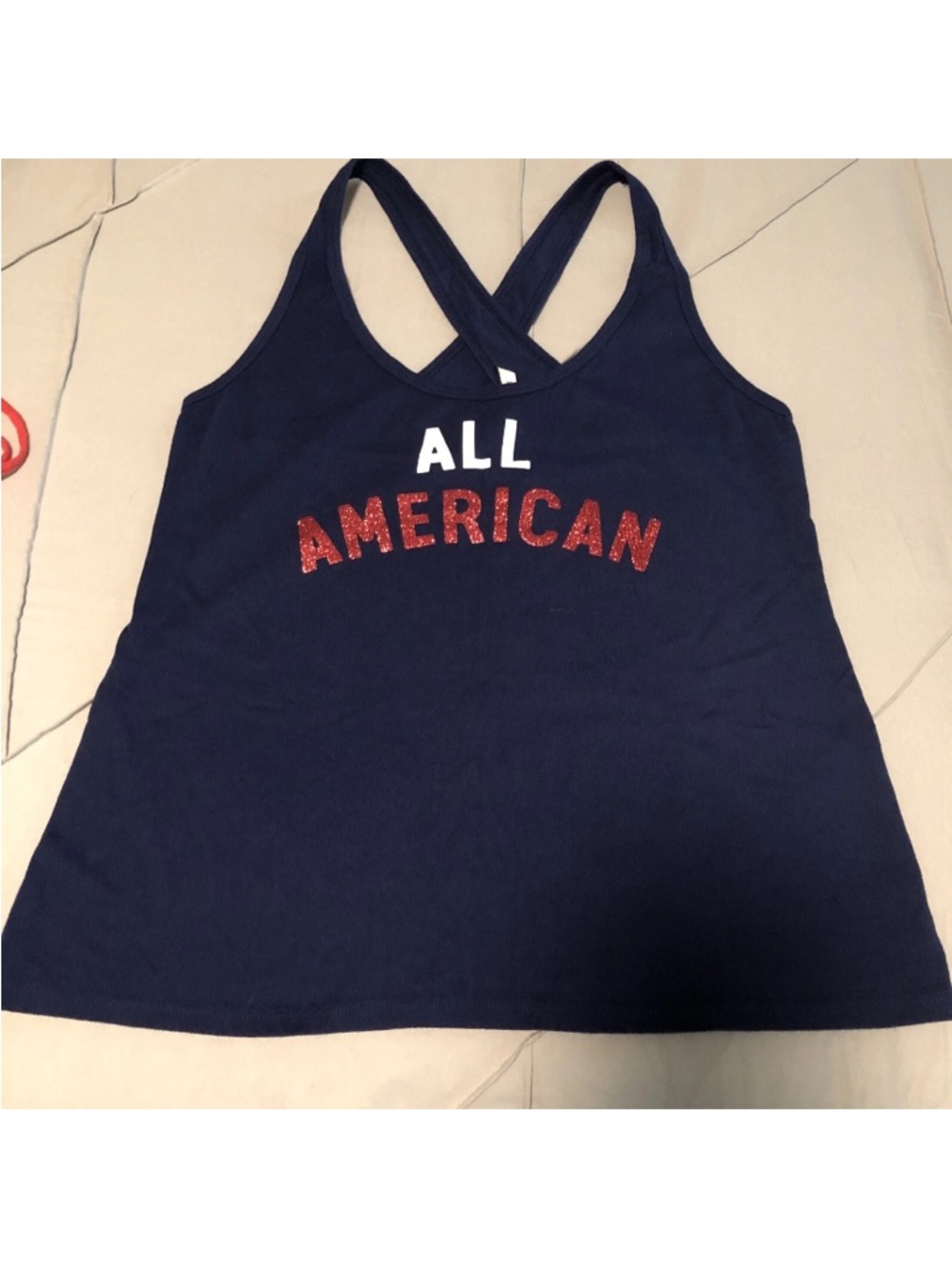 Victoria's Secret Navy Crossback 'All American' Tank with Red Glitter Text